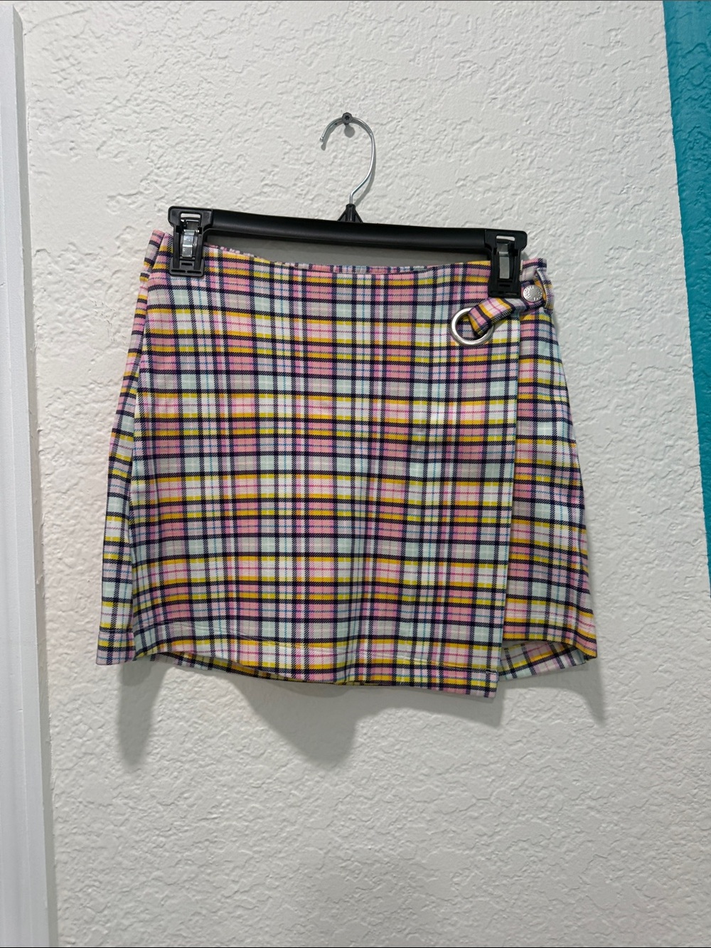 Justice Pink and Yellow Plaid Mini Skirt with Side Buckle